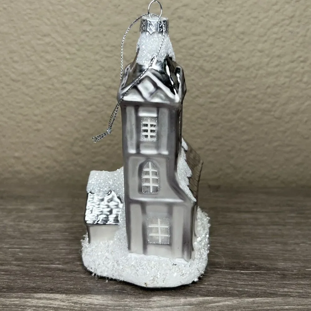 Hand Blown Glass White Silver Glitter House Church Christmas Ornament 6